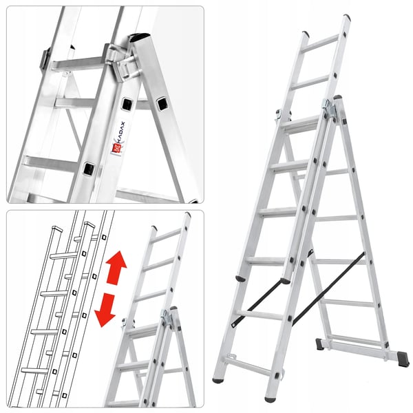 Aluminiumstige - Multifunktionsstige - 3-delt 6 trin/pr. del - Belastning 150 kg - Med krog - Kombistige