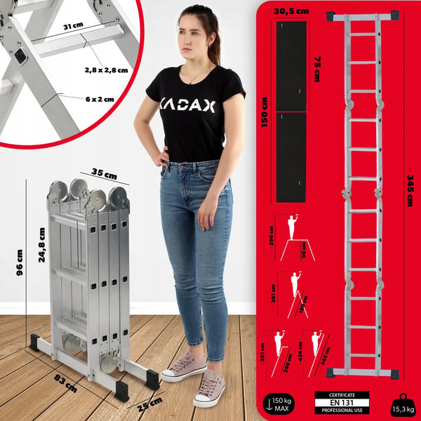 Aluminiumsstige - Multifunktionsstige leddelt 4x3 - Sammenklappelig - Arbejdsplatform - Max 150 kg