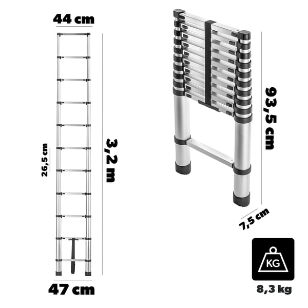 Teleskopstige - Aluminiumstige - 3,2 m - 11 Trin