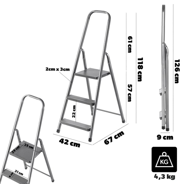 Trappestige i stål - Platformstige - 3 trin - Med platform - Maks. belastning 125 kg