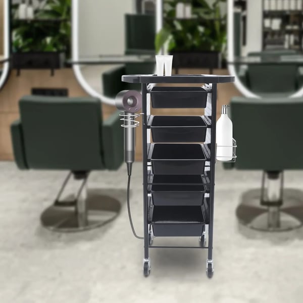 Frisørvogn til salon - Trolley - 5 Skuffer - 4 Hjul - 95×53×44 cm - Jern + PP-plast - Sort