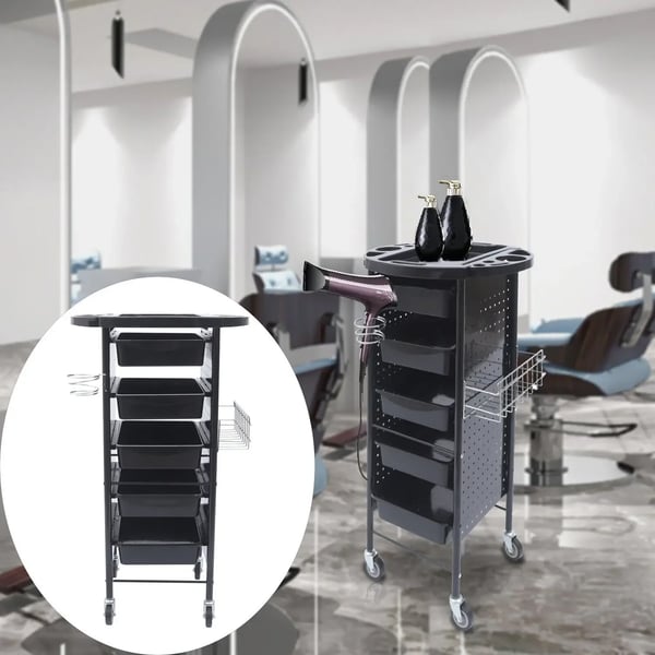 Frisørvogn til salon - Trolley - 5 Skuffer - 4 Hjul - 95×53×44 cm - Jern + PP-plast - Sort