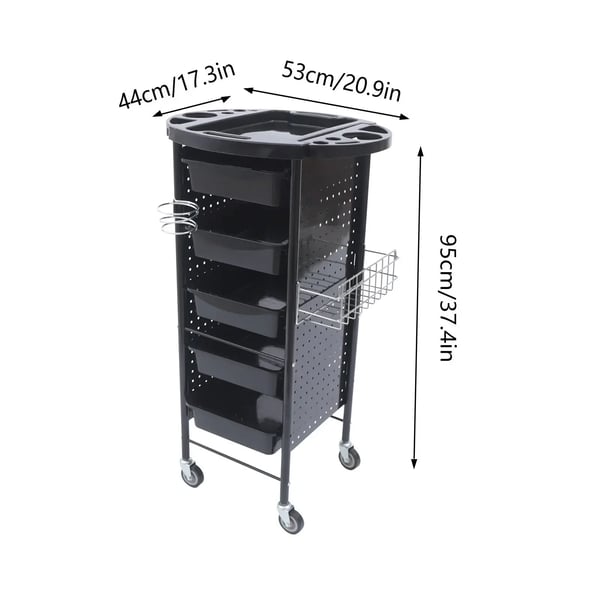 Frisørvogn til salon - Trolley - 5 Skuffer - 4 Hjul - 95×53×44 cm - Jern + PP-plast - Sort