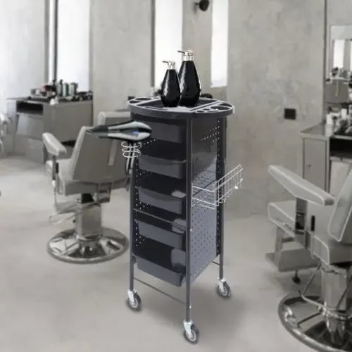 Frisørvogn til salon - Trolley - 5 Skuffer - 4 Hjul - 95×53×44 cm - Jern + PP-plast - Sort
