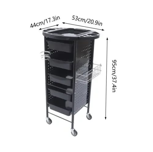 Frisørvogn til salon - Trolley - 5 Skuffer - 4 Hjul - 95×53×44 cm - Jern + PP-plast - Sort