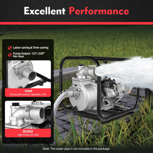 Vandpumpe - Benzin motorpumpe 4-takt - Effekt 4,8 kW / 6,5 hk - Slagvolumen 210 cm³ - Omdrejningstal 3600 rpm - Tank 3,6 L - Vægt 18,45 kg - Rød