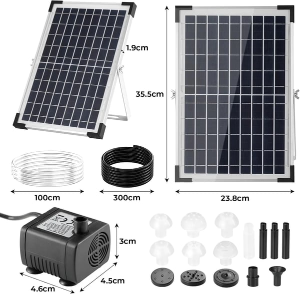 Solcelle fontænepumpe - Nedsænkelig havedamspumpe - 12 W - 500 l/t - 1 m slange - 9 dyser