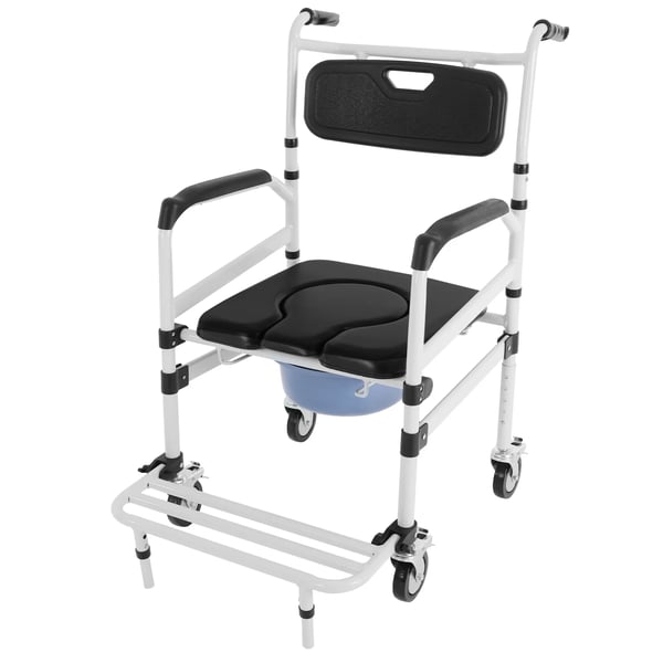 Bruse- og toiletstol med hjul - Kommodekørestol - Rustfri aluminium - Maks belastning 100 kg - Spand 10 L - Pude 40 mm - Armlæn 73–83 cm - Vægt 8 kg
