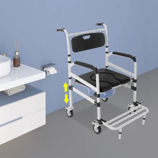 Bruse- og toiletstol med hjul - Kommodekørestol - Rustfri aluminium - Maks belastning 100 kg - Spand 10 L - Pude 40 mm - Armlæn 73–83 cm - Vægt 8 kg