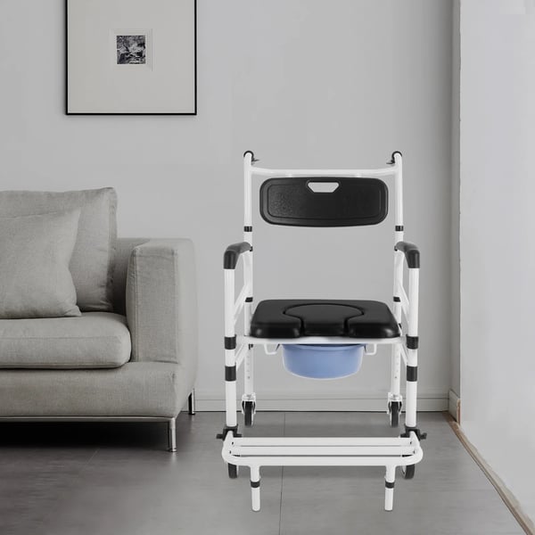 Bruse- og toiletstol med hjul - Kommodekørestol - Rustfri aluminium - Maks belastning 100 kg - Spand 10 L - Pude 40 mm - Armlæn 73–83 cm - Vægt 8 kg