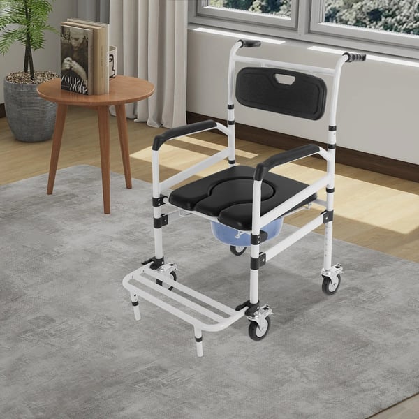 Bruse- og toiletstol med hjul - Kommodekørestol - Rustfri aluminium - Maks belastning 100 kg - Spand 10 L - Pude 40 mm - Armlæn 73–83 cm - Vægt 8 kg