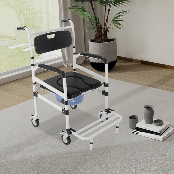 Bruse- og toiletstol med hjul - Kommodekørestol - Rustfri aluminium - Maks belastning 100 kg - Spand 10 L - Pude 40 mm - Armlæn 73–83 cm - Vægt 8 kg