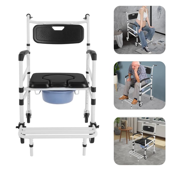 Bruse- og toiletstol med hjul - Kommodekørestol - Rustfri aluminium - Maks belastning 100 kg - Spand 10 L - Pude 40 mm - Armlæn 73–83 cm - Vægt 8 kg