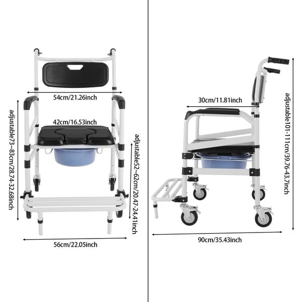 Bruse- og toiletstol med hjul - Kommodekørestol - Rustfri aluminium - Maks belastning 100 kg - Spand 10 L - Pude 40 mm - Armlæn 73–83 cm - Vægt 8 kg