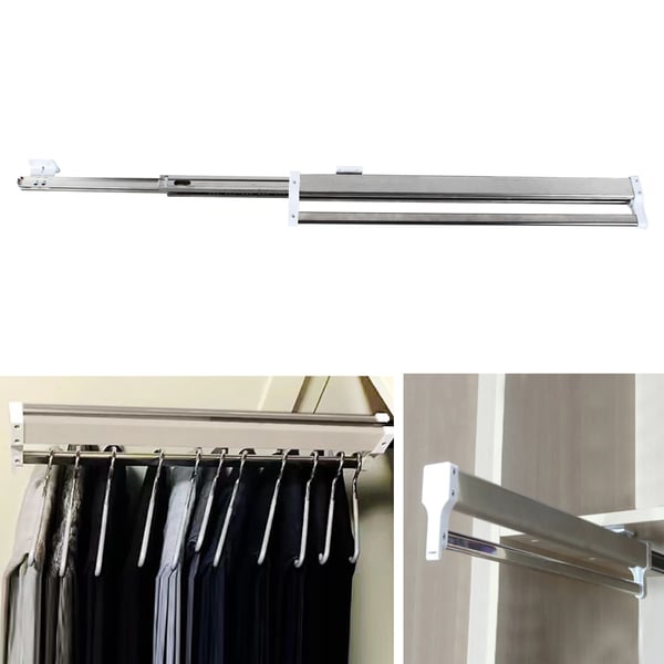Garderobestang - Udtrækkelig bukseholder på skinne - Justerbar 54,2–110 cm - Kapacitet 18–20 bukser - Belastning over 25 kg - Metal - Lysegrå