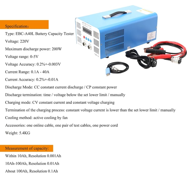 Akkukapasiteettitesteri - EBC-A40L - Elektroninen Kuormitus - 40 A 200 W - 220 V - Lataus/Purkaus - Litium ja Lyijyhappo - Vihreä