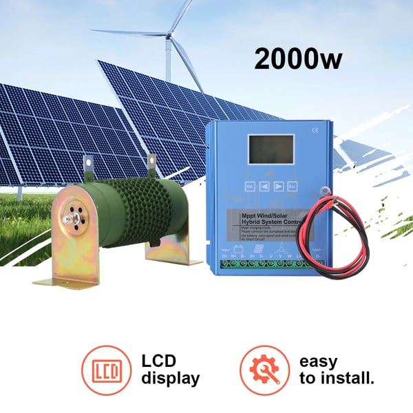 MPPT Vind- og Sol Hybrid Laderegulator - 1000W Vind + 1000W Sol - Automatisk 24V/48V - Dump Load Modstand - Sølv