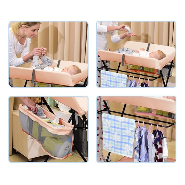 Baby puslebord - Sammenklappelig puslestation - Metalramme - Med opbevaring - Uden hjul - Til 0–12 måneder - Khaki