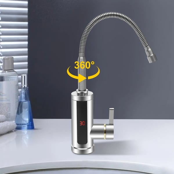 Elektrisk vandhane - Gennemstrømningsvandvarmer med LCD - 220V - 3000W - Hurtig Opvarmning - 360° Drejbar - Varmt/Koldt Vand - Rustfrit Stål - Sølv