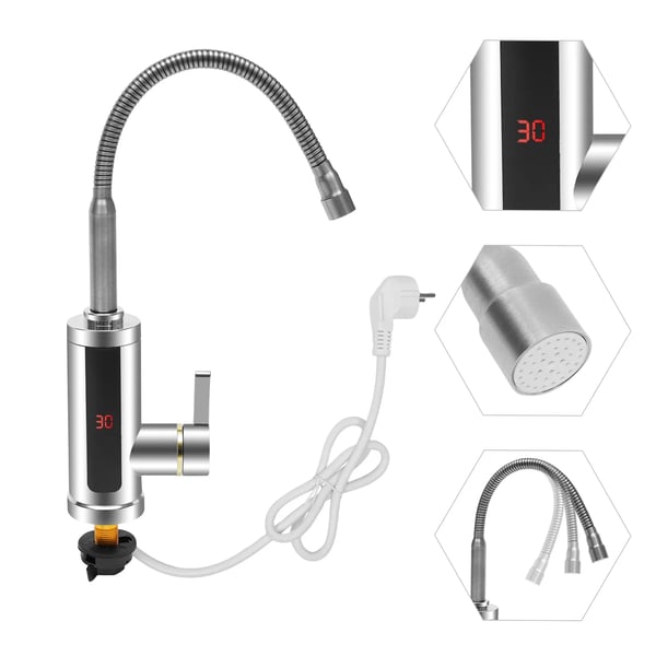 Elektrisk vandhane - Gennemstrømningsvandvarmer med LCD - 220V - 3000W - Hurtig Opvarmning - 360° Drejbar - Varmt/Koldt Vand - Rustfrit Stål - Sølv