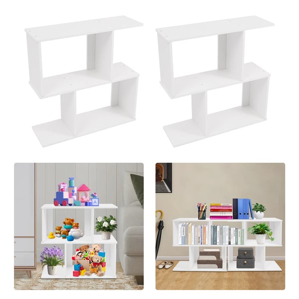 Geometrinen kirjahylly - 2‑tasoinen Z‑muotoinen hylly - Vapaasti seisova - PVC - 61×20,35×62,5 cm - 7,5 kg/taso - Valkoinen