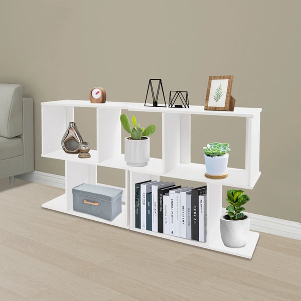 Geometrinen kirjahylly - 2‑tasoinen Z‑muotoinen hylly - Vapaasti seisova - PVC - 61×20,35×62,5 cm - 7,5 kg/taso - Valkoinen