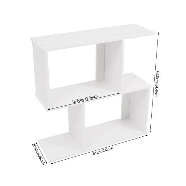 Geometrinen kirjahylly - 2‑tasoinen Z‑muotoinen hylly - Vapaasti seisova - PVC - 61×20,35×62,5 cm - 7,5 kg/taso - Valkoinen