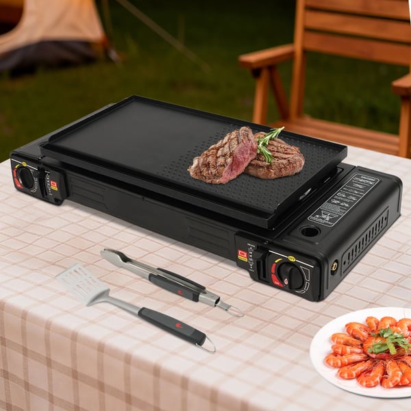 Camping gaskomfur - 2‑brænder bærbart komfur - 2‑i‑1 med bagepande & bæretaske - Manuel tænding, Aluminiumlegering, Butan/LPG - Sort