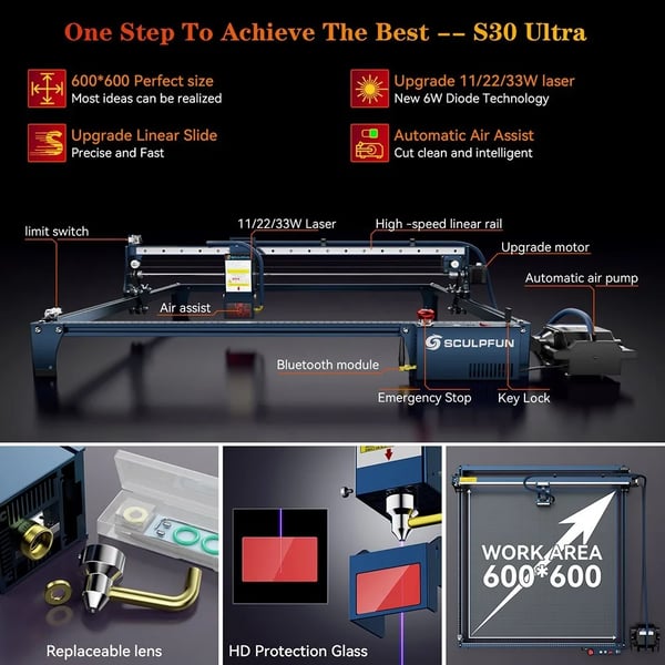 Lasergraverer og laserskærer - S30 Ultra 33W - 60×60 cm arbejdsområde - Fokus 0,08×0,10 mm - Automatisk air assist 30 L/min - EU-stik - Grøn