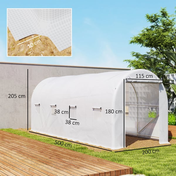Växthustunnel - Foliedrivhus - 500x200x205 cm - Rullbar dörr - 8 fönster - Vit