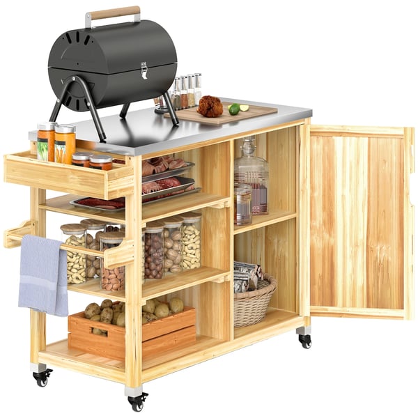 BBQ Grillvagn - Serveringsvagn - 4 Hjul - Hyllor - Skåp - För 3–5 Personer - Utomhus - Naturträ
