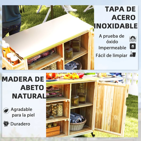 BBQ Grillvagn - Serveringsvagn - 4 Hjul - Hyllor - Skåp - För 3–5 Personer - Utomhus - Naturträ