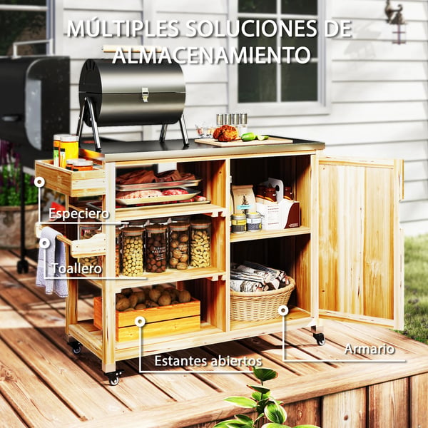 BBQ Grillvagn - Serveringsvagn - 4 Hjul - Hyllor - Skåp - För 3–5 Personer - Utomhus - Naturträ
