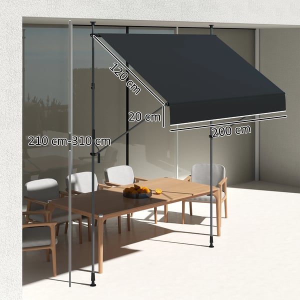 Terrassmarkis - Manuell med vev - Justerbar höjd 210–310 cm - Infällbar - För utomhusbruk - Svart