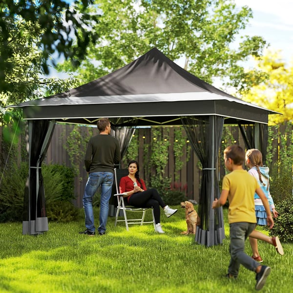 Pop up paviljong - Partytält - Mått 3,5 x 3,5 m, Höjd 3 m - 4 Myggnätsväggar - Justerbar Höjd - Polyesterduk - Mörkgrå