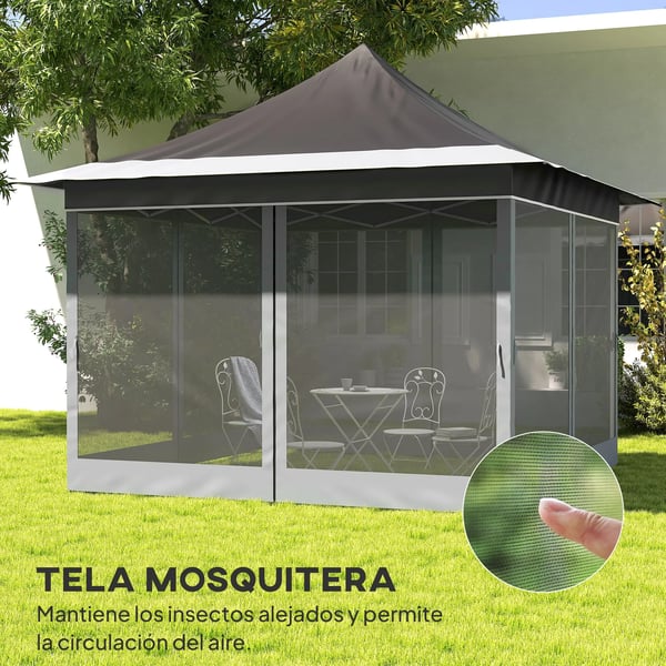 Pop up paviljong - Partytält - Mått 3,5 x 3,5 m, Höjd 3 m - 4 Myggnätsväggar - Justerbar Höjd - Polyesterduk - Mörkgrå