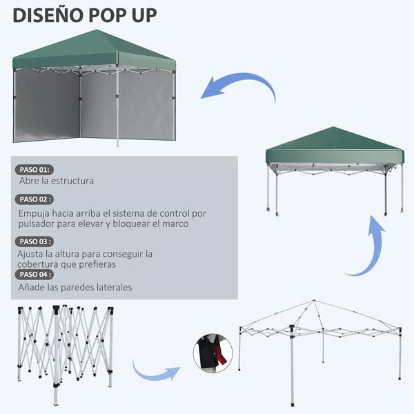 Partytält 3x3 m - Pop up paviljong - Justerbar höjd - Bärväska - Polyesterduk - Grön