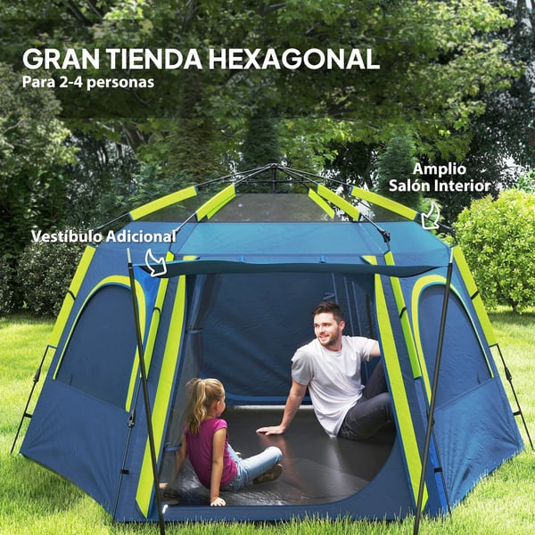 Campingtält - 3–4 personer - Enkel montering - UV-skydd - 201T polyester - 1-rum - Blå