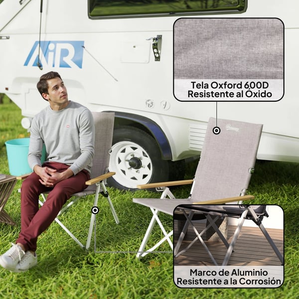 Campingstolar - Set med 2 - Hopfällbara - Justerbart Ryggstöd - Aluminiumram - Lätt och Portabel - Grå