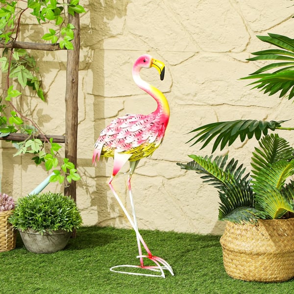 Flamingo i metall - Trädgårdsstaty - Utomhusprydnad - Väderbeständig - Fristående - Flerfärgad