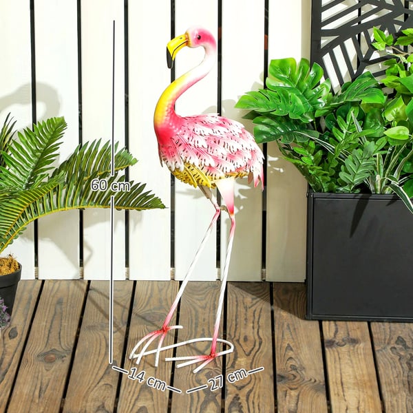 Flamingo i metall - Trädgårdsstaty - Utomhusprydnad - Väderbeständig - Fristående - Flerfärgad
