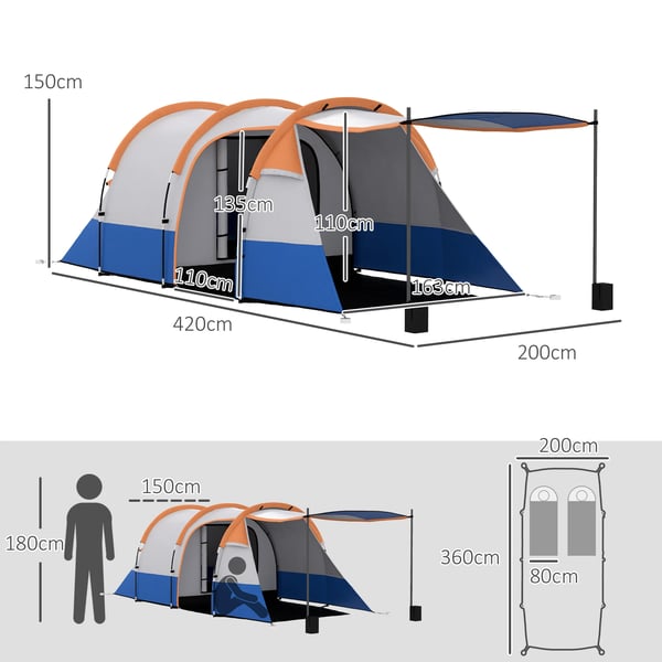 Familjetält - Campingtält för 2 personer - 420×200×150 cm - 1 sovrum & 1 uppehållsdel - 201T polyester - Flerfärgad