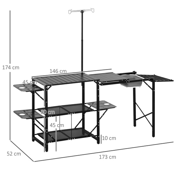 Campingkök - Hopfällbart Bord - Med Hyllor - Lamphållare - Portabel - Svart