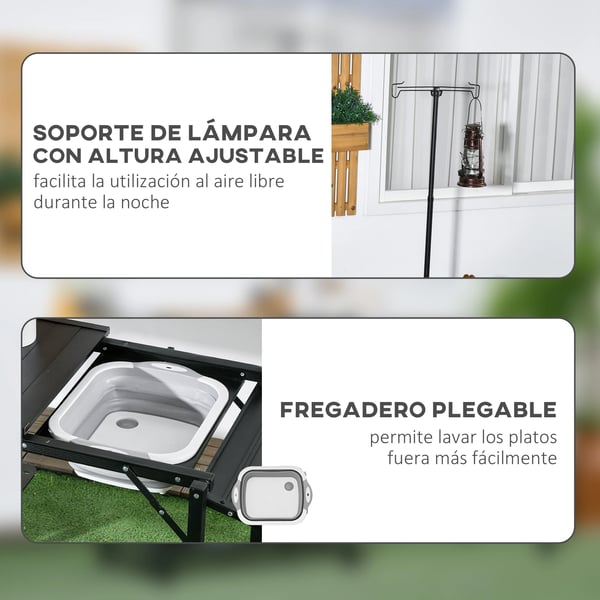 Campingkök - Hopfällbart Bord - Med Hyllor - Lamphållare - Portabel - Svart