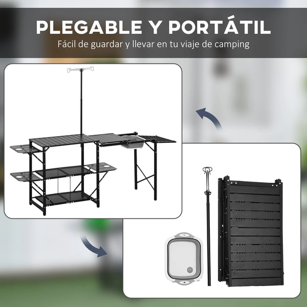 Campingkök - Hopfällbart Bord - Med Hyllor - Lamphållare - Portabel - Svart