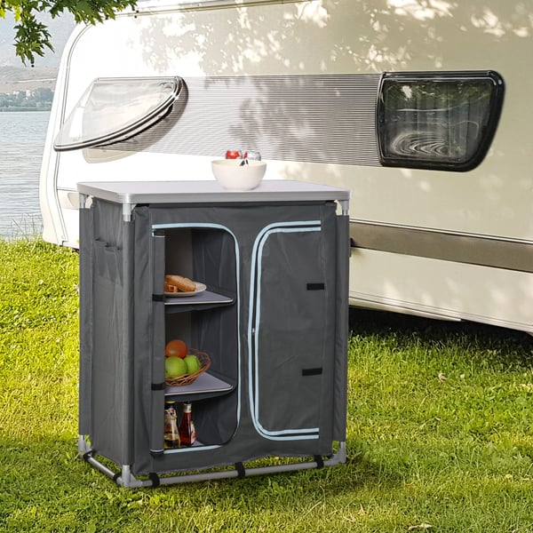Campingskåp - Hopfällbart - Med Hyllor - Aluminiumram - Portabelt - Grått