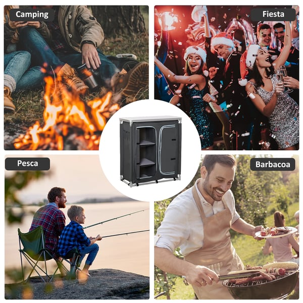 Campingskåp - Hopfällbart - Med Hyllor - Aluminiumram - Portabelt - Grått
