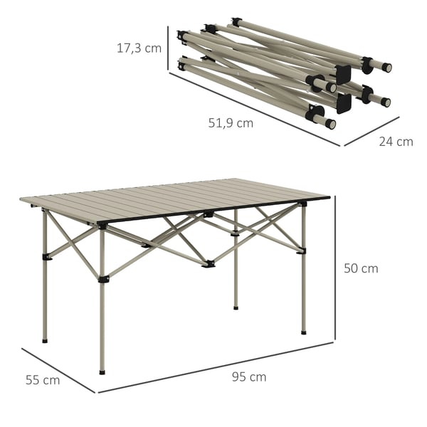 Campingbord i aluminium - Hopfällbart bord - Rullbar bordsskiva - 95 x 55 x 50 cm - Lätt vikt - Khaki