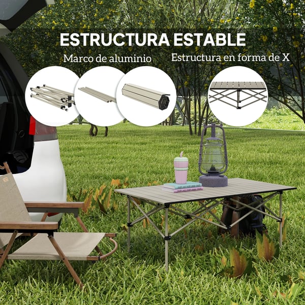 Campingbord i aluminium - Hopfällbart bord - Rullbar bordsskiva - 95 x 55 x 50 cm - Lätt vikt - Khaki