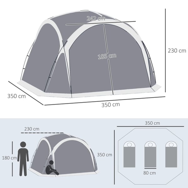Familjetält - Campingtält - 350×350×230 cm - 5–8 personer - 1 sovrum - 201T polyester - Grå